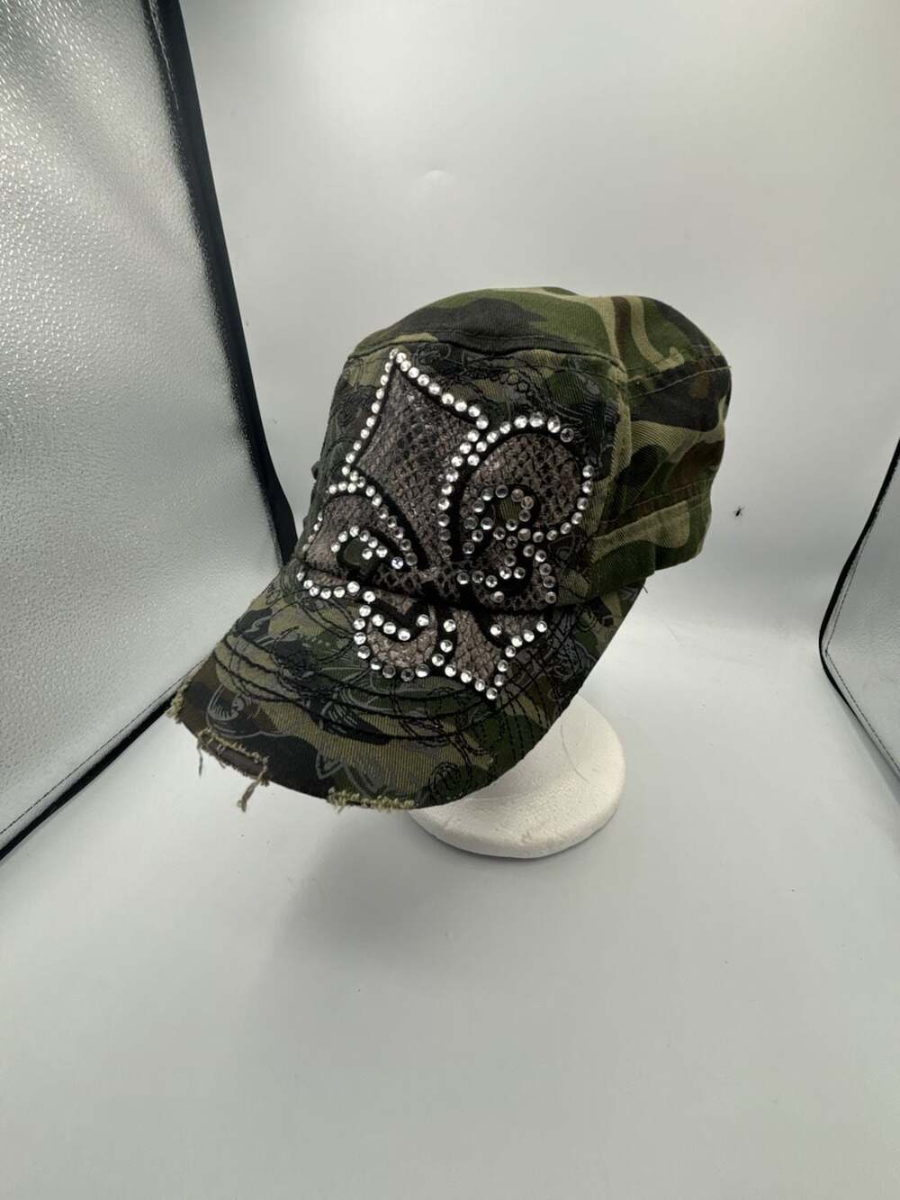KB Ethos Camouflage Distressed Rhinestone Fleur-de-lis Cadet Cap Hat